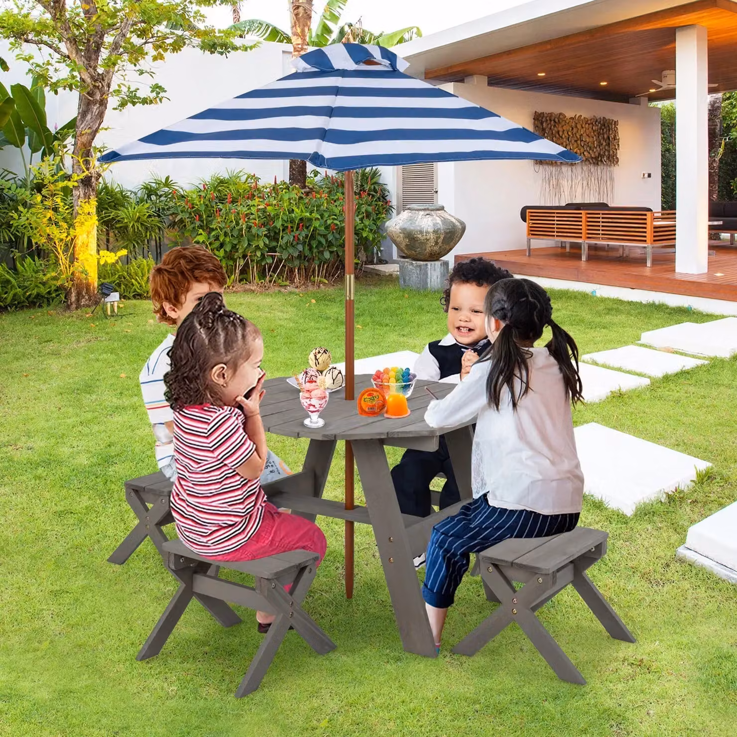 Costway Wooden Octagon Kids Picnic Table Set with 4 Chairs and Umbrella in Grey – 2