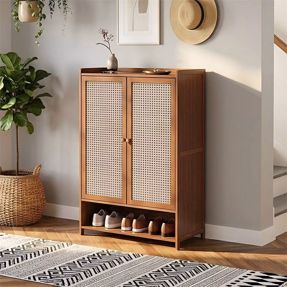 PAWNORA Brown Bamboo Shoe Cabinet with Hinged Doors and Open Shelving – 3