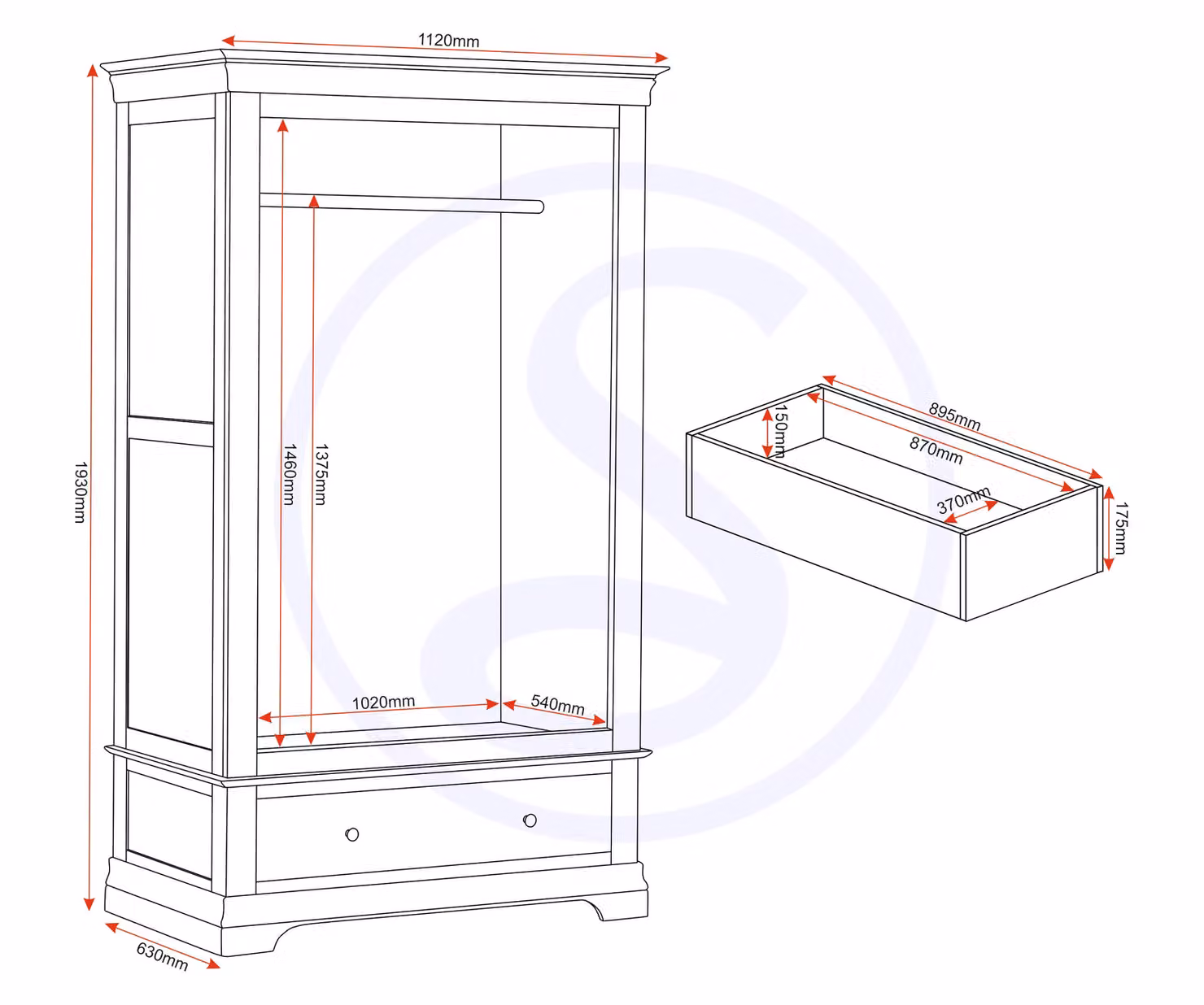 Seconique Bordeaux 2 Door Wardrobe in Matt Grey with Hanging Rod and Drawers, H 193 cm x W 112 cm – 2