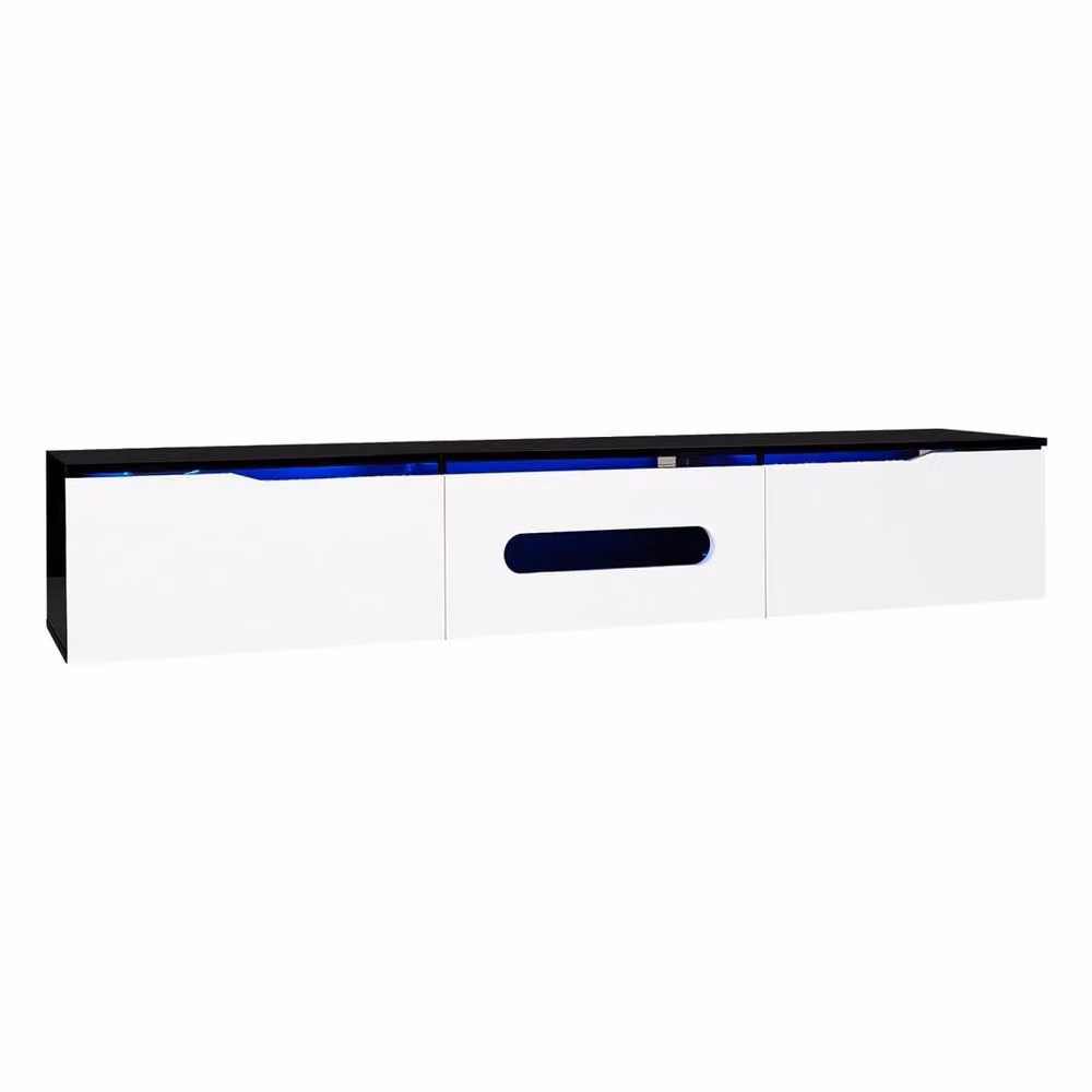 FORGEVIO Modern Wall Mounted Floating TV Unit in Black Glossy MDF with Integrated Lighting and Soft Close Drawers, W/D/H: 180 x 35 x 30 cm – 2