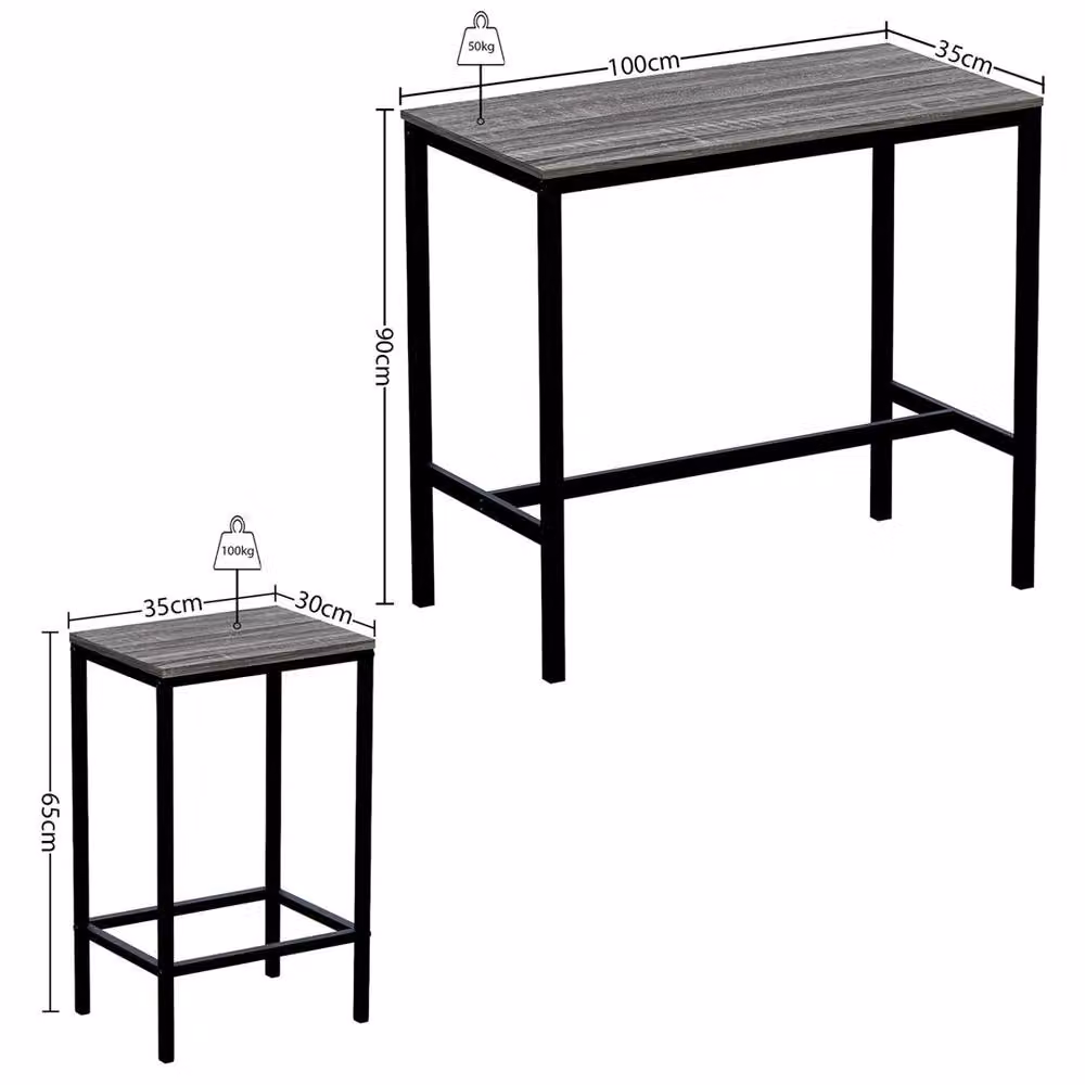 PAWNORA Modern Wooden Bar Table and Stool Set in Grey – 2