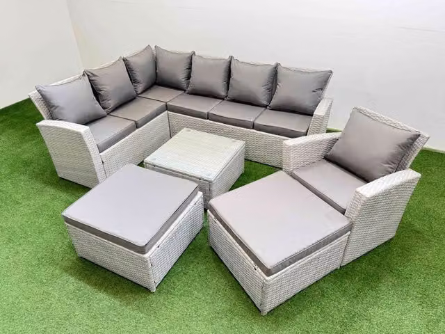 Fimous 9 Seater L-Shape Corner Garden Sofa Set in Light Grey with Coffee Table and Ottomans