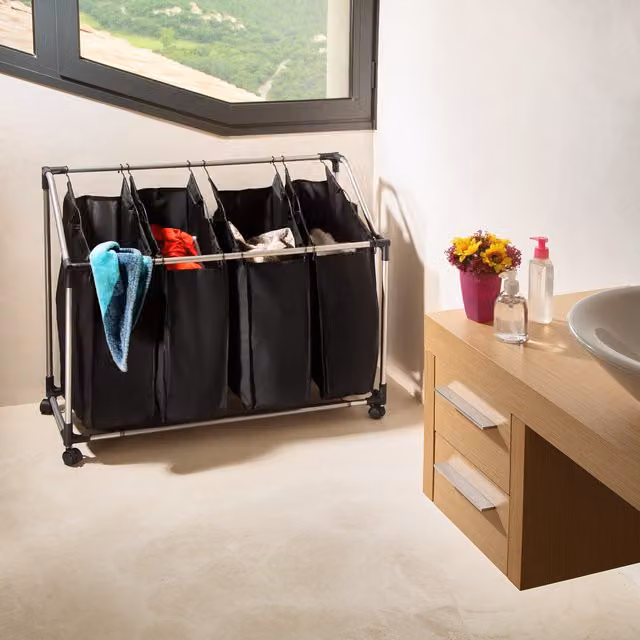 TECTAKE Laundry Basket with 4 Compartments and Wheels in Black