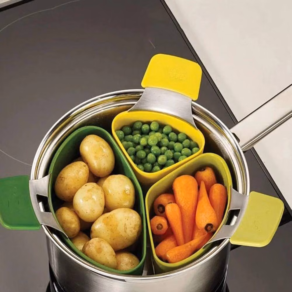 PAWNORA 3-Piece Multicolour Silicone Saucepan Steamer Basket and Colander Set with Handles – 3