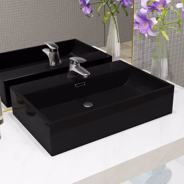 Berkfield Home Rectangular Ceramic Basin in Black with Faucet Hole, W/D/H: 76 x 42.5 x 14.5 cm