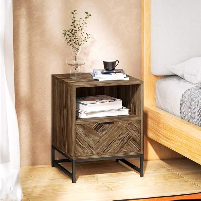 HOMCOM Industrial Nightstand with Drawer and Shelf in Black and Brown Wood and Metal – 1