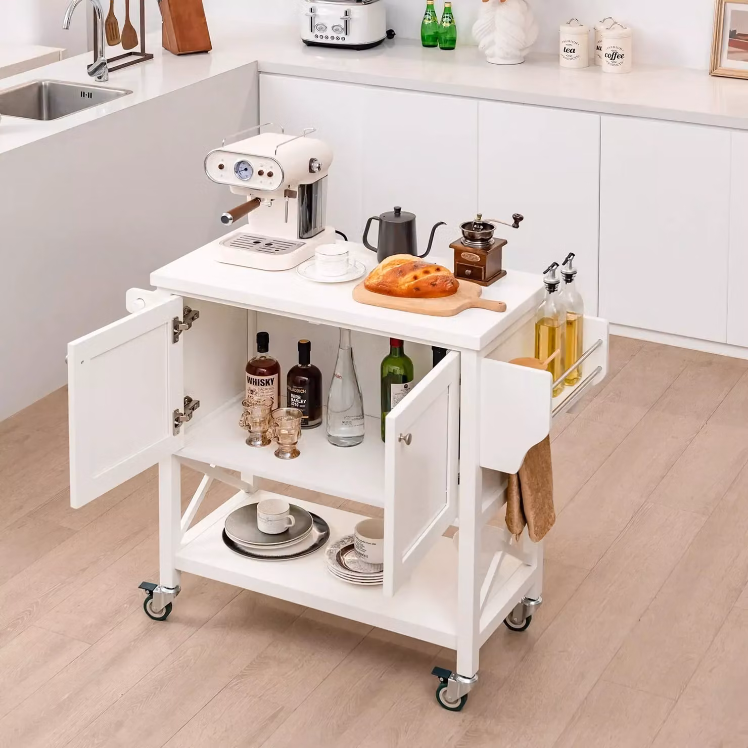 Costway Kitchen Storage Trolley Cart with 2 Doors and Towel Rack in White – 2