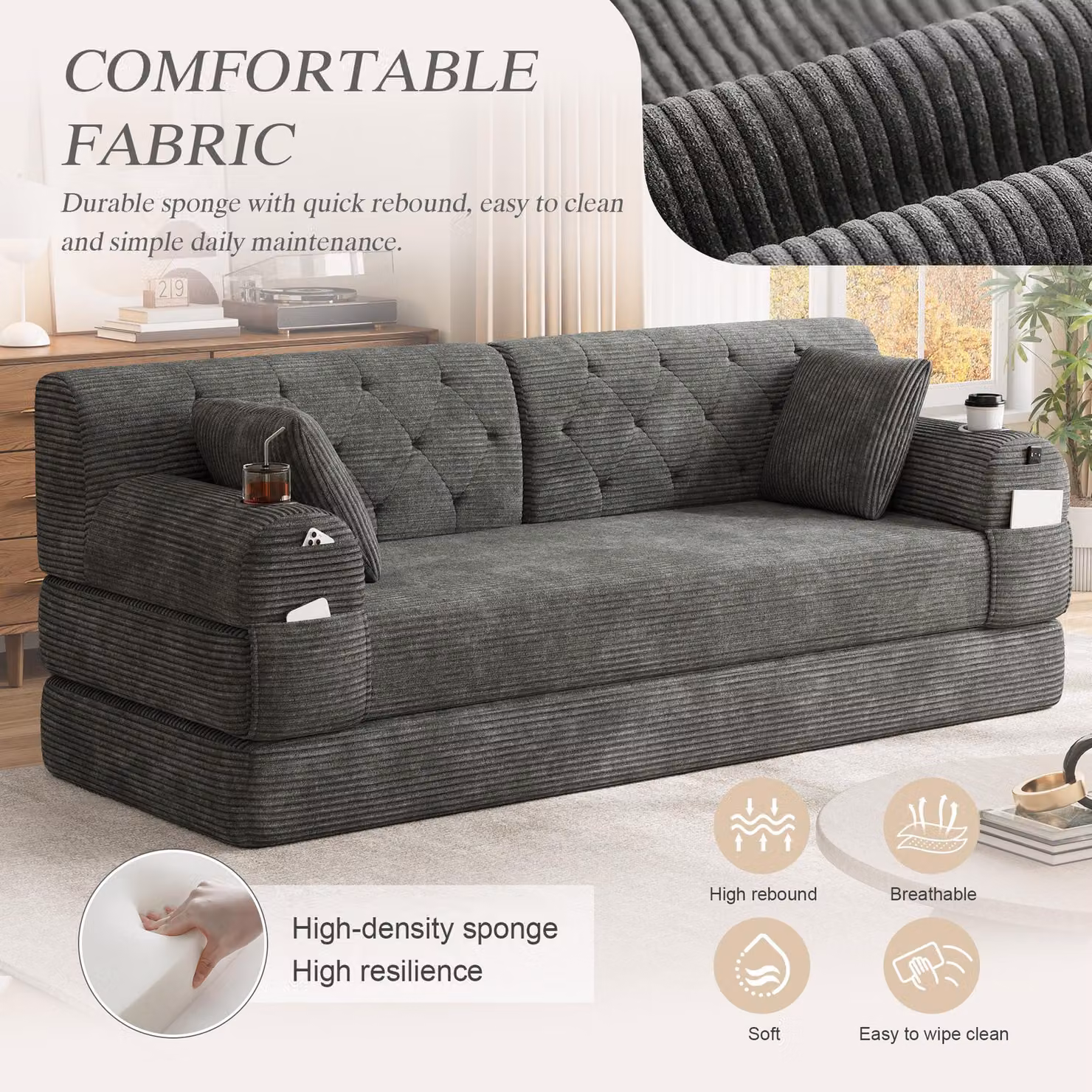 Aosom UK 3-Seater Sleeper Sofa Bed in Dark Grey with High-Back Foam Upholstery and Side Pockets, W/D/H: 208 x 80 x 81 cm – 5