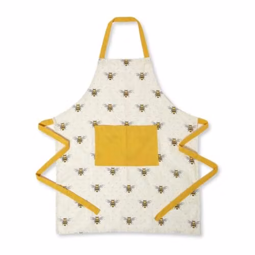 Homescapes Yellow and White Cotton Kitchen Apron with Bee Design, W/H: 70 x 85 cm
