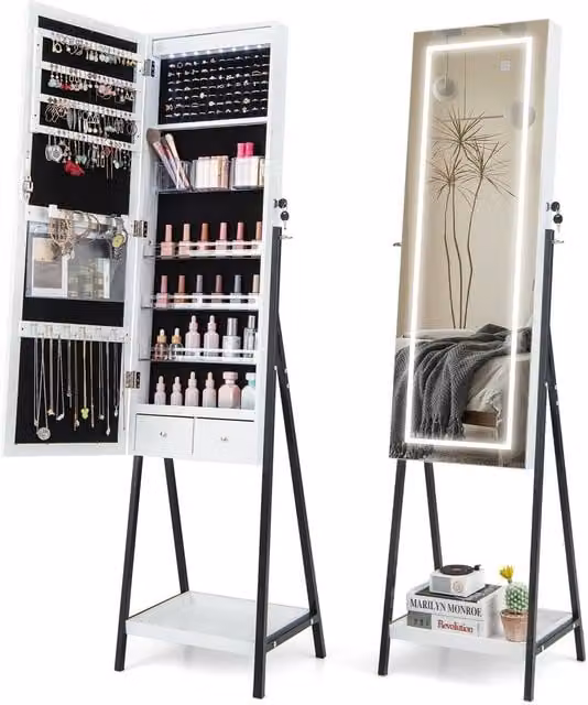 COSTWAY Modern Freestanding Lockable Jewellery Armoire with LED Lighting and Mirror in White
