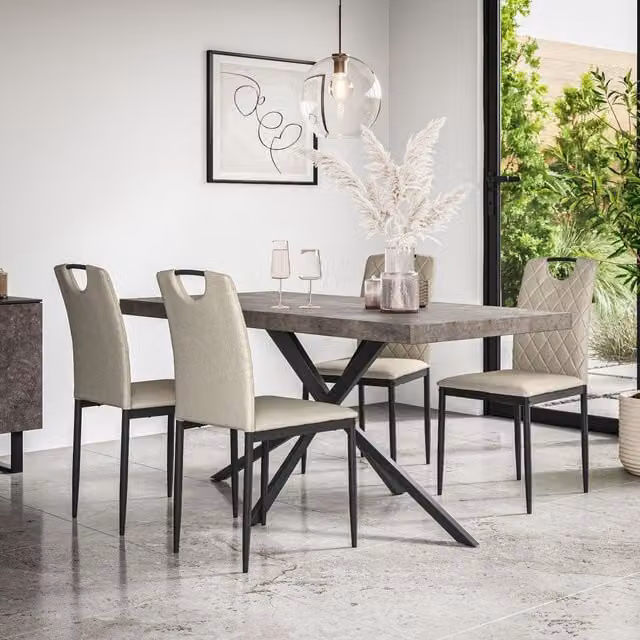 More4Homes Donni Dining Table and 6 Monza Linen Dining Chairs Set, Concrete Effect Top with Black Legs and Beige Chairs