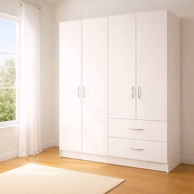 TJS Venice 4 Door Wardrobe in Matt White with Integrated Drawers