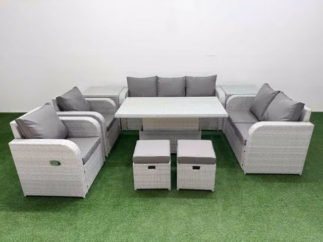 Fimous Grey PE Rattan Garden Furniture Set with Upholstered Cushions, 3 Seater Sofa, 2 Seater Sofa, Armchair, Ottoman and Coffee Table