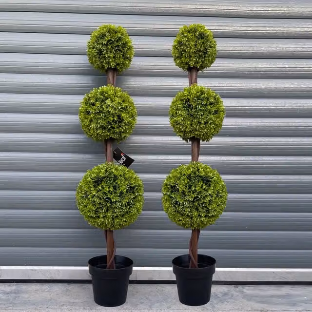 Pair of Green Triple Ball Topiary Trees with Black and Wood Bases