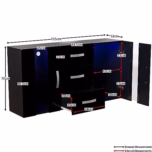 Vida Designs Astro Modern LED Sideboard in Black with 2 Doors and 3 Drawers – 2