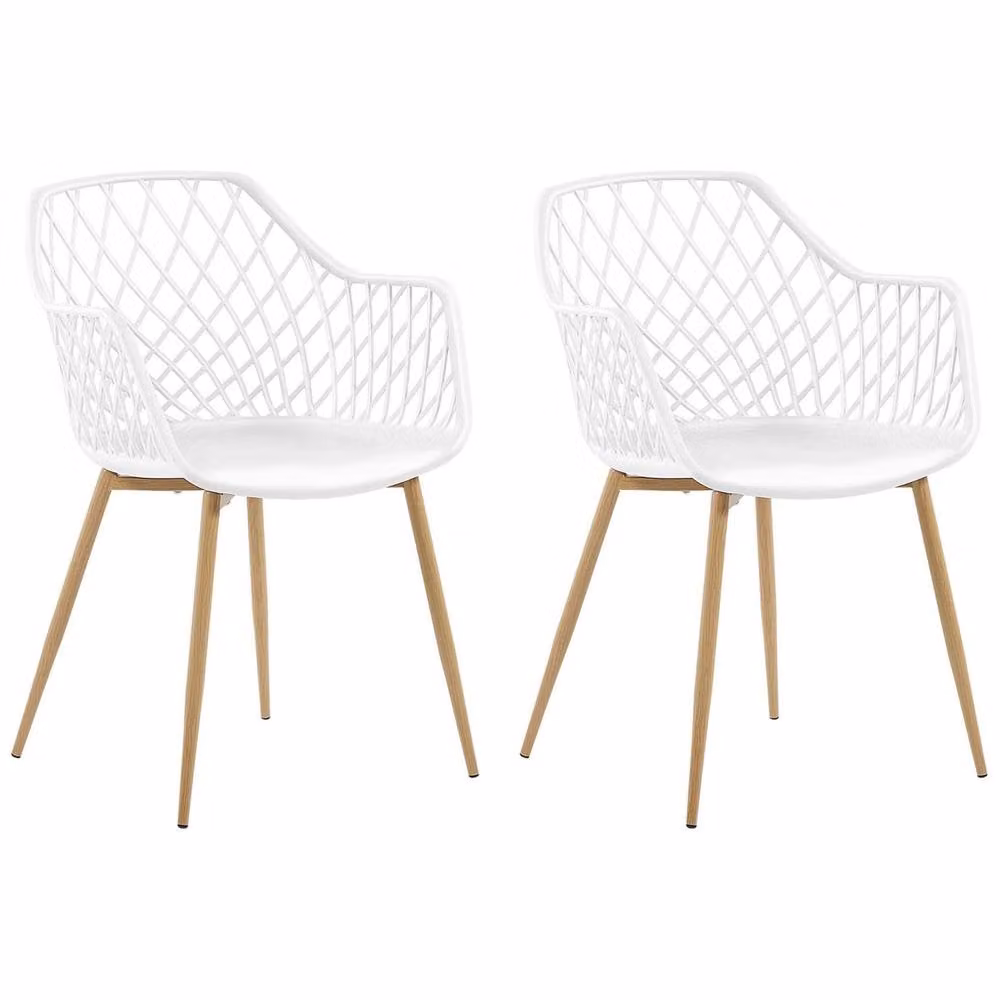 Wyld and Coco Set of 2 Nordic Scandinavian Dining Chairs in White with Metal Frame and Synthetic Net Back – 2