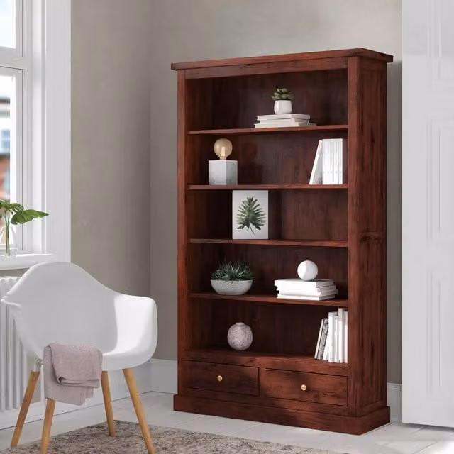 Maharani Classic Large Mango Wood Bookcase with Drawers in Brown