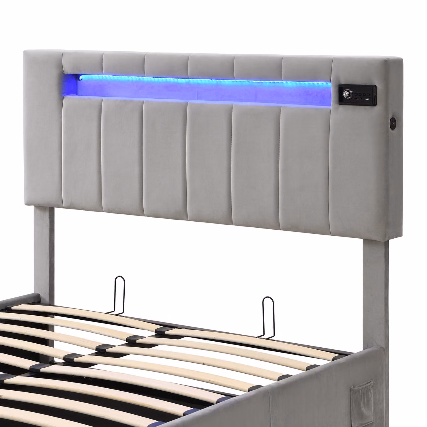 Aosom.UK Grey Velvet Upholstered Double Sofa Bed with Bluetooth Stereo, USB Ports, LED Lighting and Hydraulic Storage, W/D/H: 198 x 150 x 120 cm – 6
