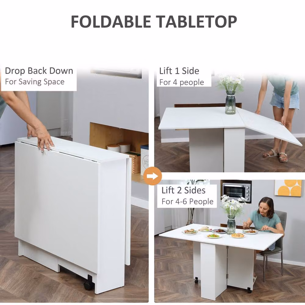 STILVORA Modern White Drop Leaf Dining Table with Castors and Storage – 3