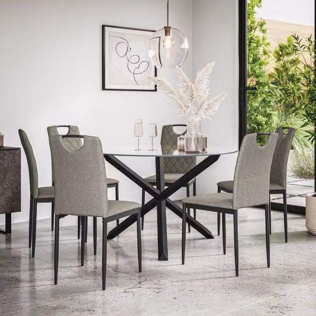 More4Homes Malvern Round Dining Table and 6 Monza Fabric Chairs Set, Clear Glass Top with Solid Oak and Black Legs, Grey – 1