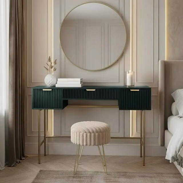 OHS Ribbed Dressing Table Vanity Makeup Desk with 3 Drawers in Dark Green, W: 110 cm, D: 35 cm, H: 75 cm