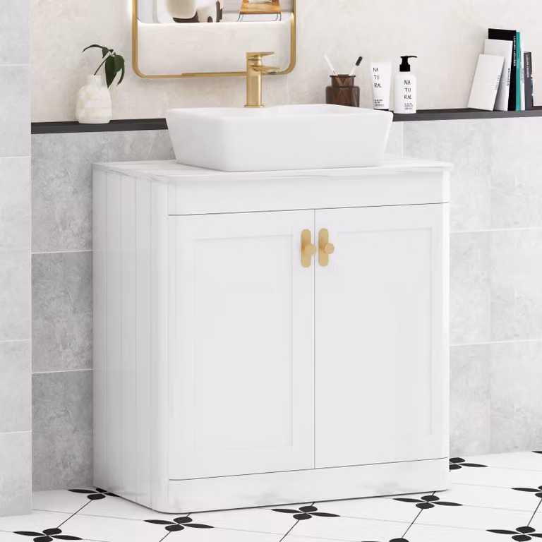 Royal Bathrooms Henley 800mm Gloss White Floor Standing 2 Door Vanity Unit with Cube Basin and Brushed Brass Knob