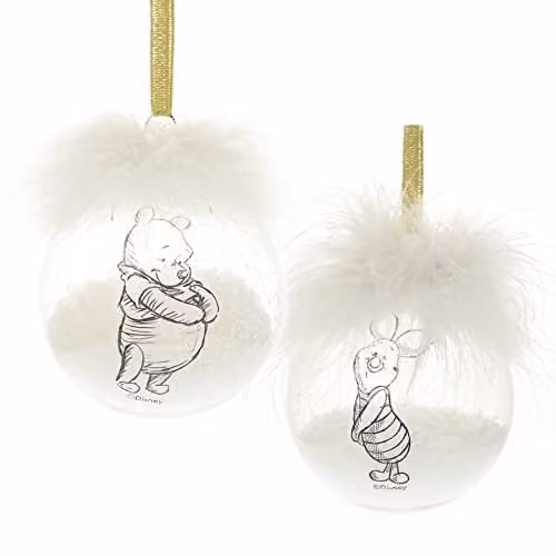 Disney Set of 2 Round Glass Hanging Christmas Baubles with Animal Designs in Gold and White