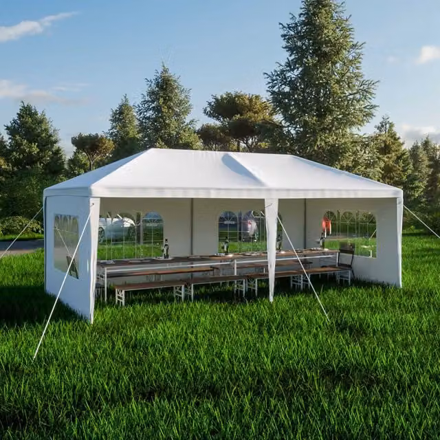 BIRCHTREE White PE Hip Roof Gazebo with Windows W: 600 cm, D: 300 cm