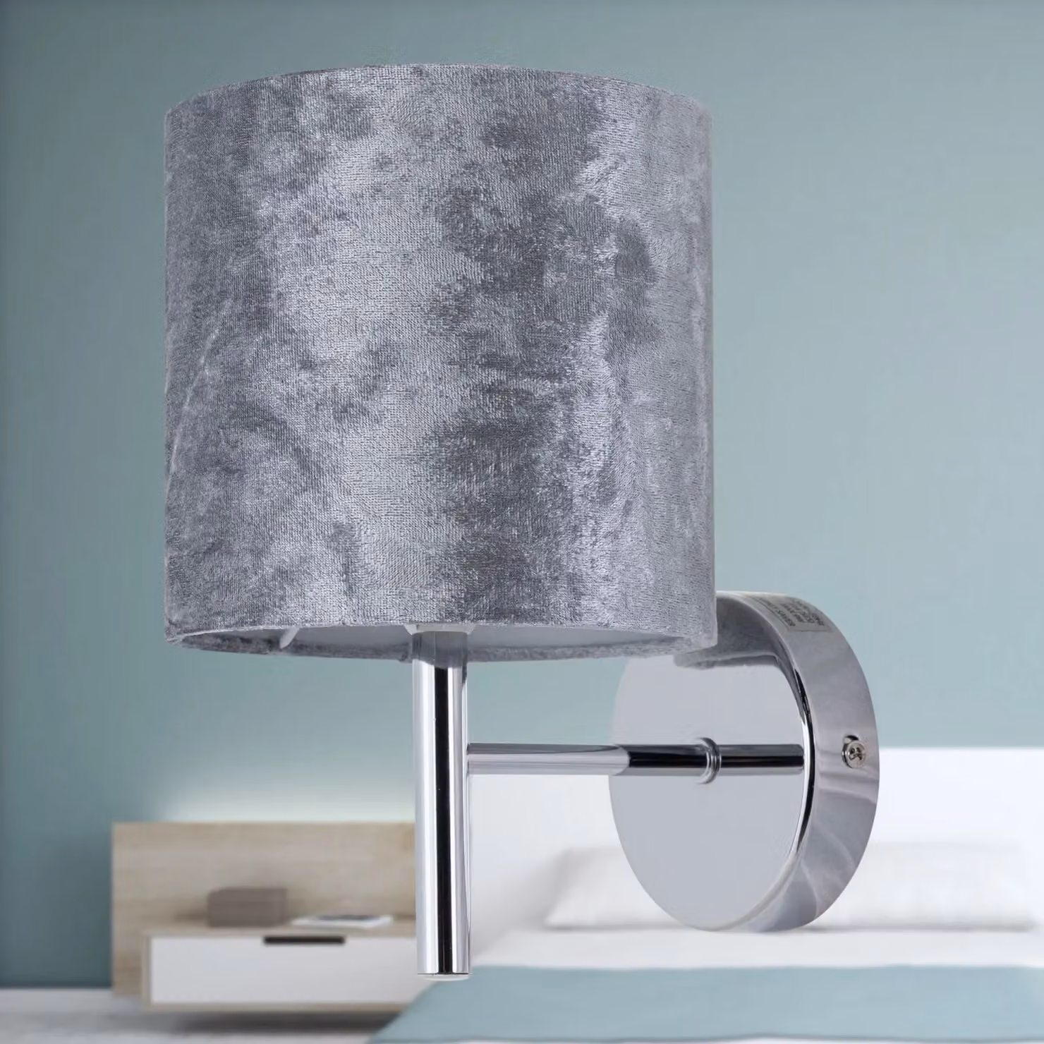 First Choice Lighting Brea Chrome Wall Light with Grey Fabric Shade – 3