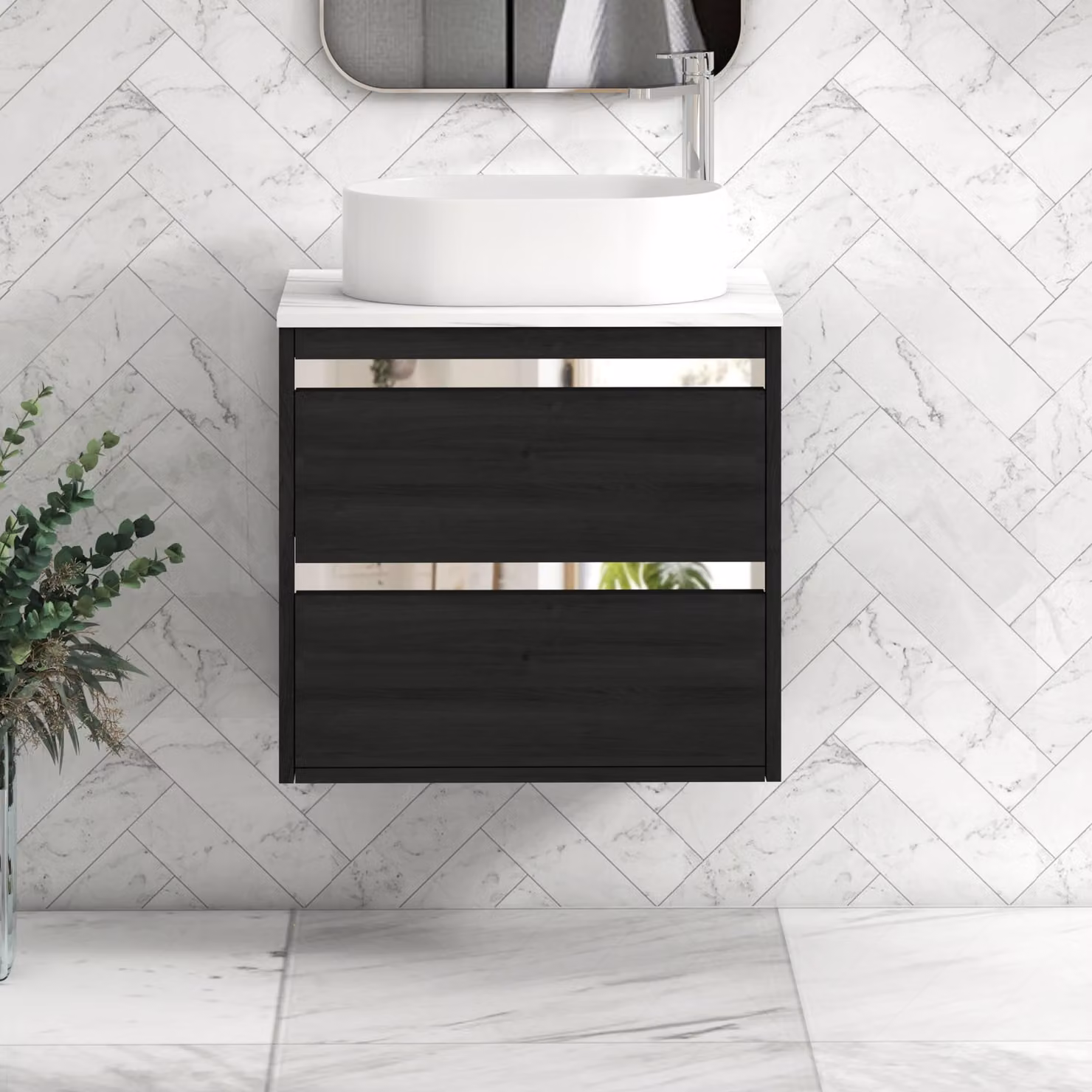 Royal Bathrooms Orion 800mm Hale Black Wall Hung Vanity Unit with Carrara White Countertop, 2 Drawers, Peak Basin and Chrome Accent Trim