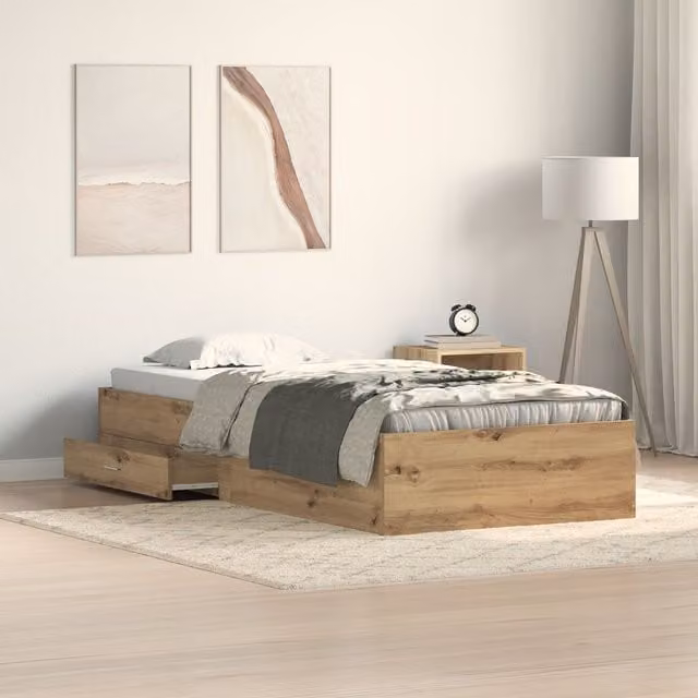 Berkfield Home Artisan Oak Bed Frame in Brown with Drawers, W/D/H: 90 x 200 cm