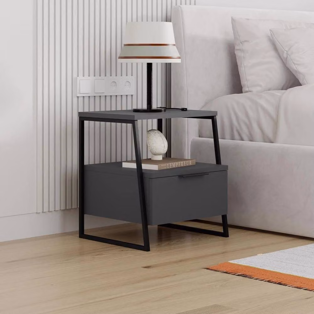 VOGREX Anthracite 1 Drawer Nightstand with Black Metal Frame in Dark Grey – 3