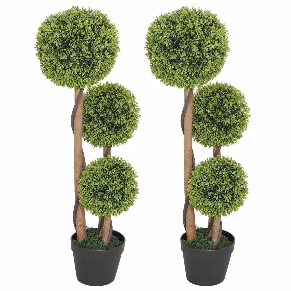 STILVORA Set of 2 Green Artificial Boxwood Tabletop Trees in Round Concrete Pots – 2