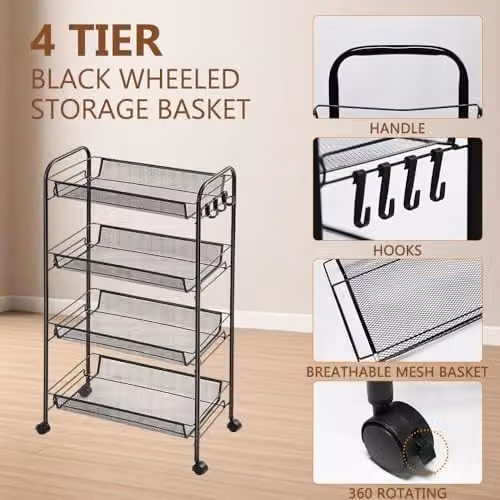 MantraRaj 4-Tier Metal Rolling Storage Trolley in Black, W/D/H: 45 x 26 x 84 cm – 4