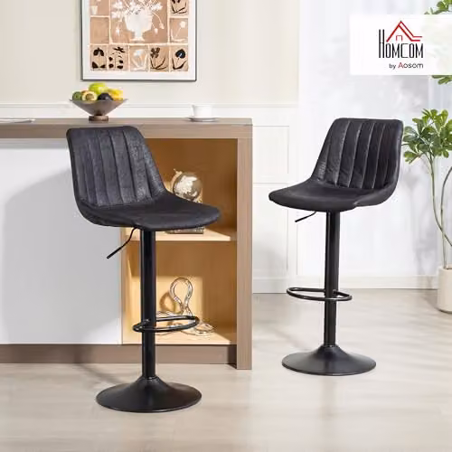 HOMCOM Set of 2 Black Swivel Bar Stools with Synthetic Leather and Metal Frame – 2
