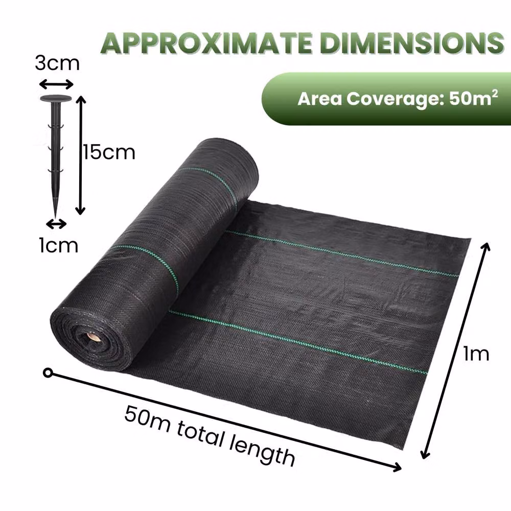 Marco Paul Heavy-Duty Weed Control Fabric Membrane with 50 Ground Pegs, Black, W: 50 m, H: 1 m – 2