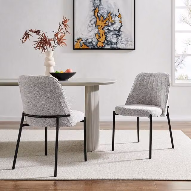 Modish Furnishing Adele Set of 2 Light Grey Boucle Dining Chairs with Black Metal Legs – 1