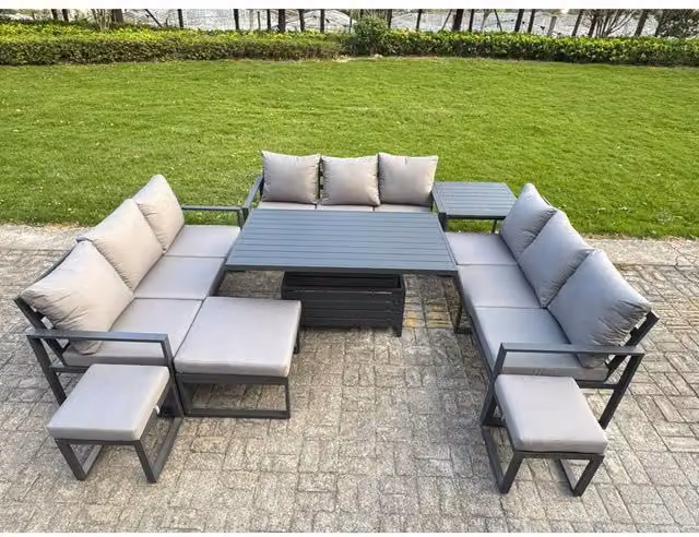 Fimous Modern Powder Coated Aluminium Patio Conversation Set in Dark Grey with 3-Seater Sofa, Ottoman, Lifting Coffee Table and Upholstered Cushions