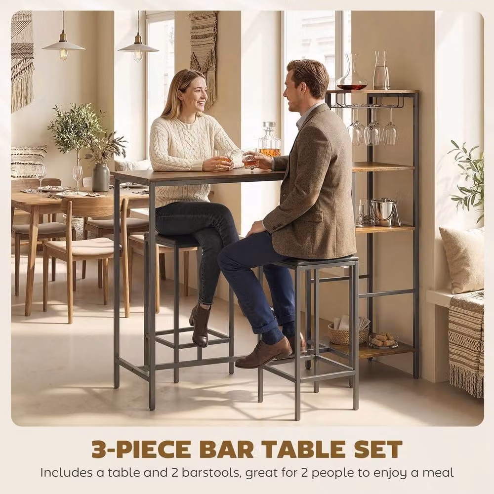 STILVORA 3 Piece Bar Table and Stools Set with Storage in Brown – 3