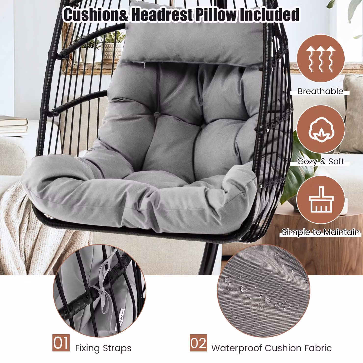 Gymax Grey Metal Hanging Egg Chair Hammock with Stand, Head Pillow and Cushion – 4