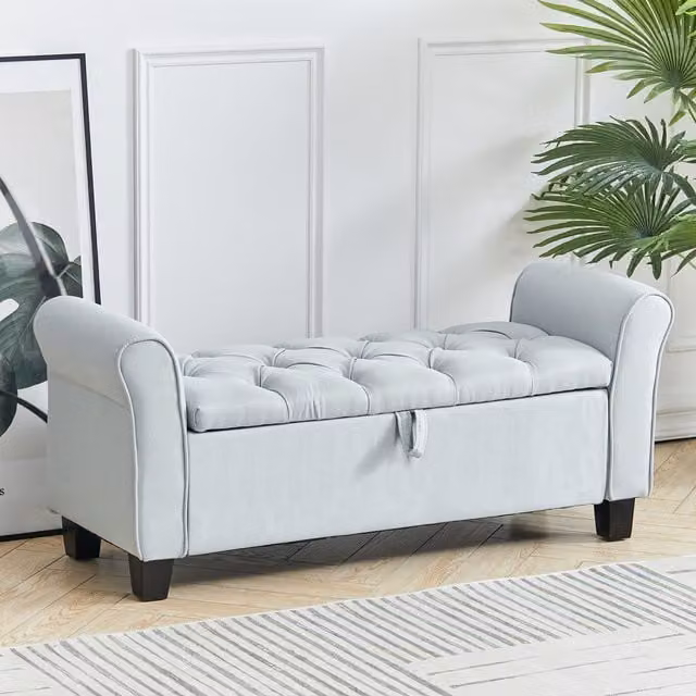 Livingandhome Linen Rolled Arm Storage Ottoman with Button Tufted Chesterfield Design in Beige White