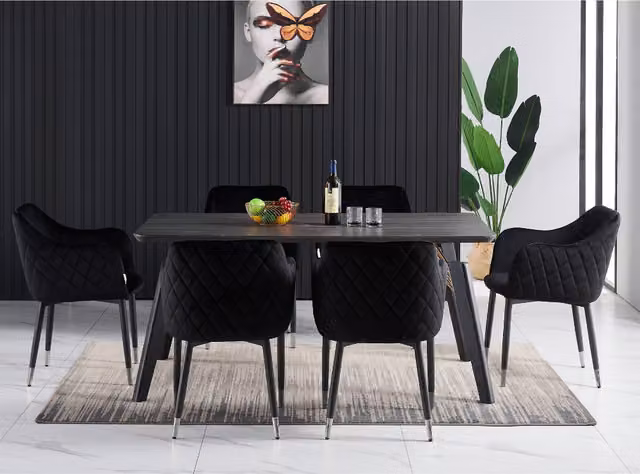 Life Interiors Verona Cosmo LUX Dining Set with Rectangular Black Table and 6 Black and Gold Velvet Chairs