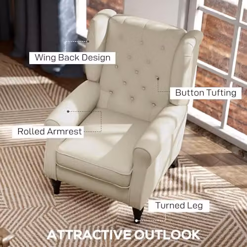 HOMCOM Retro Wingback Accent Armchair in Beige Fabric with Solid Wood Frame, W/D/H: 74 x 102 x 86 cm – 3