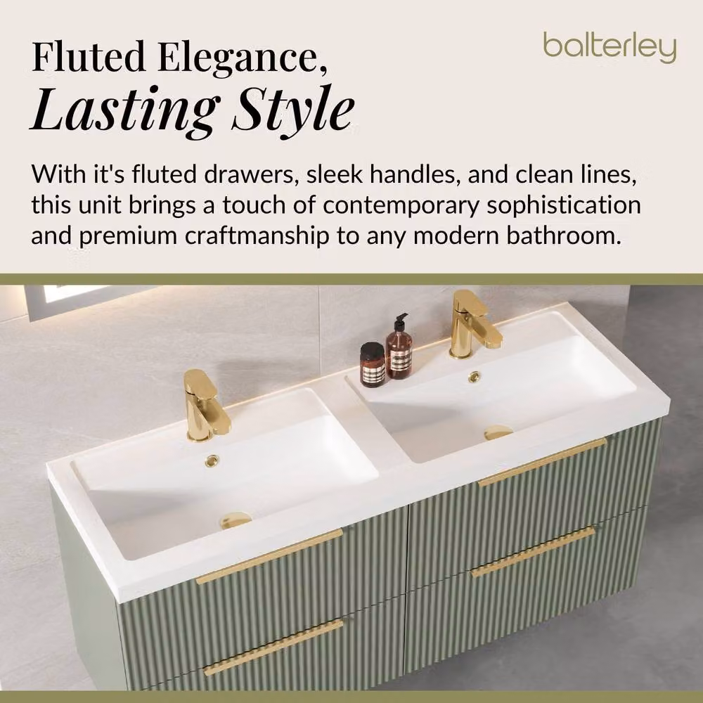Balterley Fluted Front Wall Hung 4 Drawer Vanity Basin Unit, Satin Green, W: 120 cm – 2
