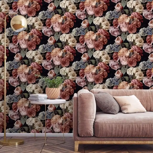 Grandeco Botanical Floral Boho Vinyl Wallpaper in Red, Black, Pink and Green