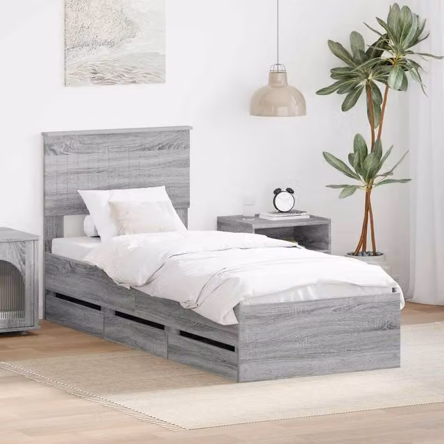 Berkfield Home Grey Sonoma Bed Frame with Drawer in Engineered Wood W: 75 cm, L: 190 cm – 1