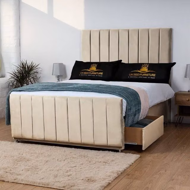 UK Bed Furniture Hampton Divan Bed with 2 Drawers and 26 Inch Headboard in Beige, Size: King (W: 180 cm, D: 200 cm)