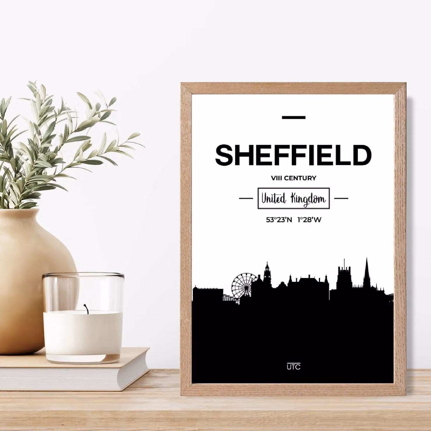 ARTZE Sheffield Black and White City Skyline Framed Print with Oak Frame – 2