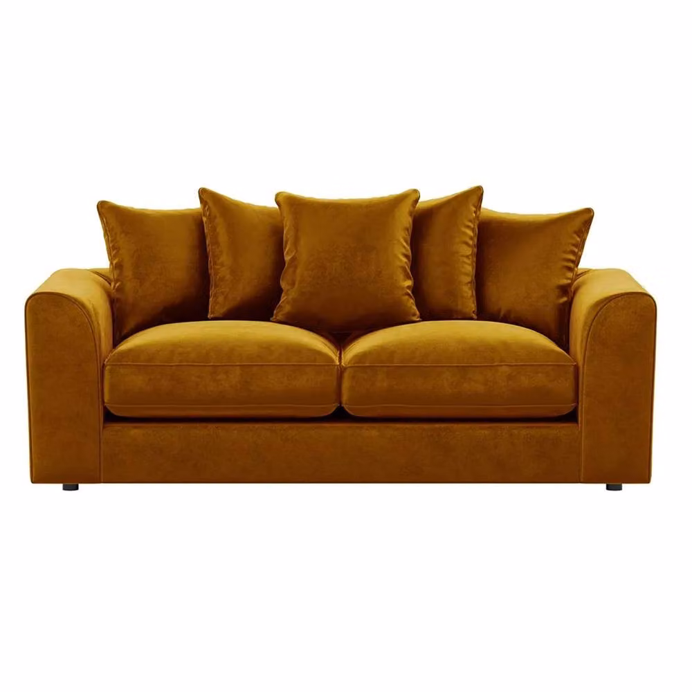 Furnishings For Less UK Brooklyn 3 Seater Sofa in Gold Plush Velvet Fabric with Scatter Back and Removable Covers – 2