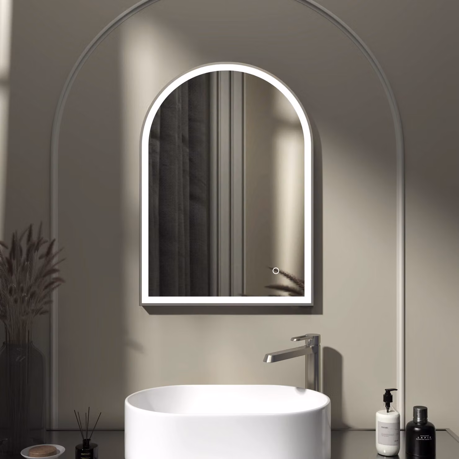Royal Bathrooms Venice Arched Framed LED Illuminated Bathroom Mirror in Gun Metal Grey, W 50 cm x H 70 cm, with Touch Sensor and Dimmable Light